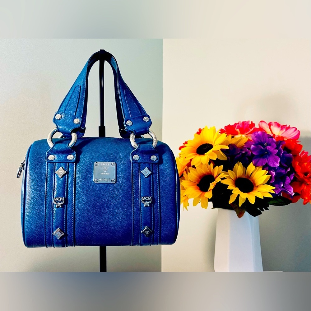 Authentic MCM Mini Boston Bag Blue Leather